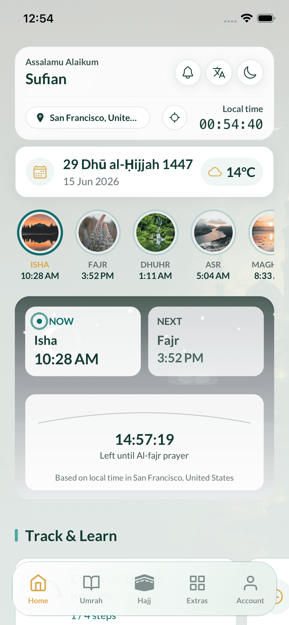 Umrah Your Way — home prayer times screen