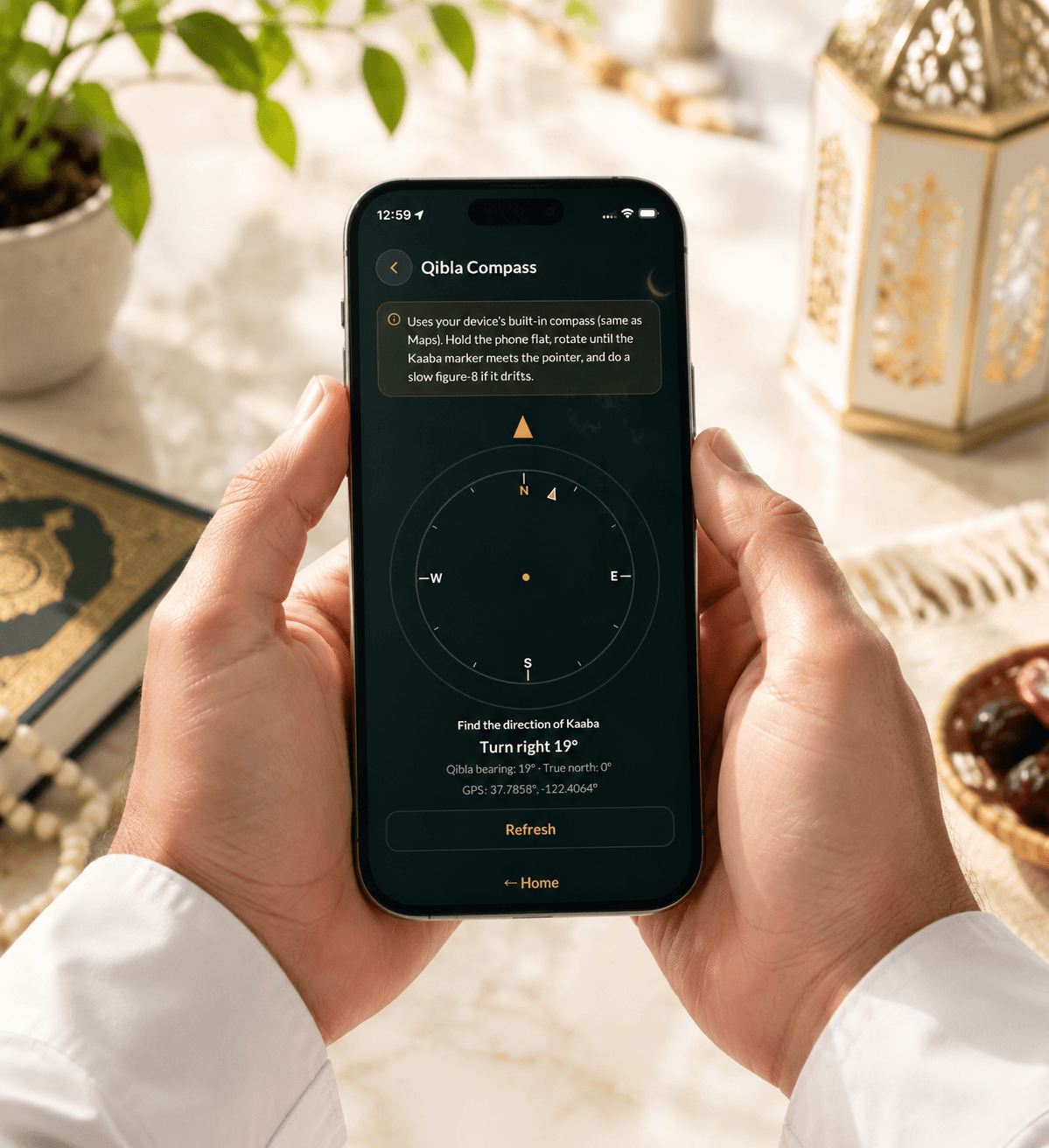 Qibla compass feature